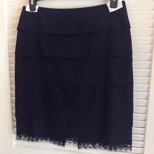 DKNY Black Wool Tiered Pencil Skirt Lace Overlay Size 10 Lined Cocktail Career